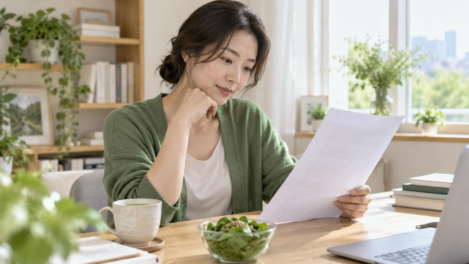 밝은 책상에서 연구 자료를 읽는 30대 한국 여성과 녹색 채소 샐러드