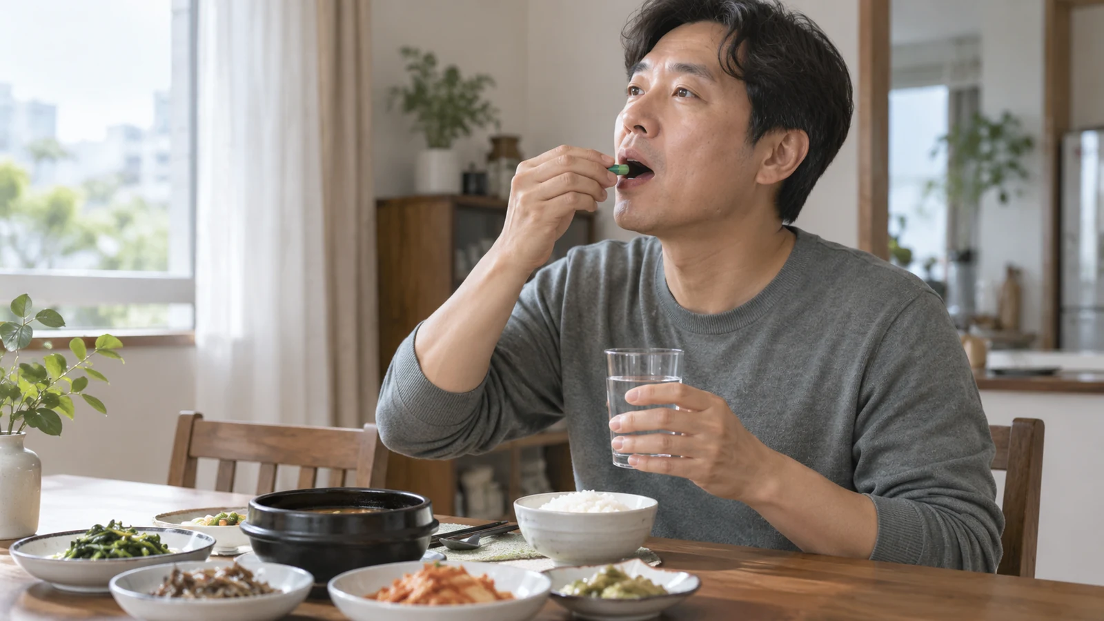 아침 식사 뒤 식탁에서 물과 함께 초록 캡슐을 섭취하는 40대 한국 남성