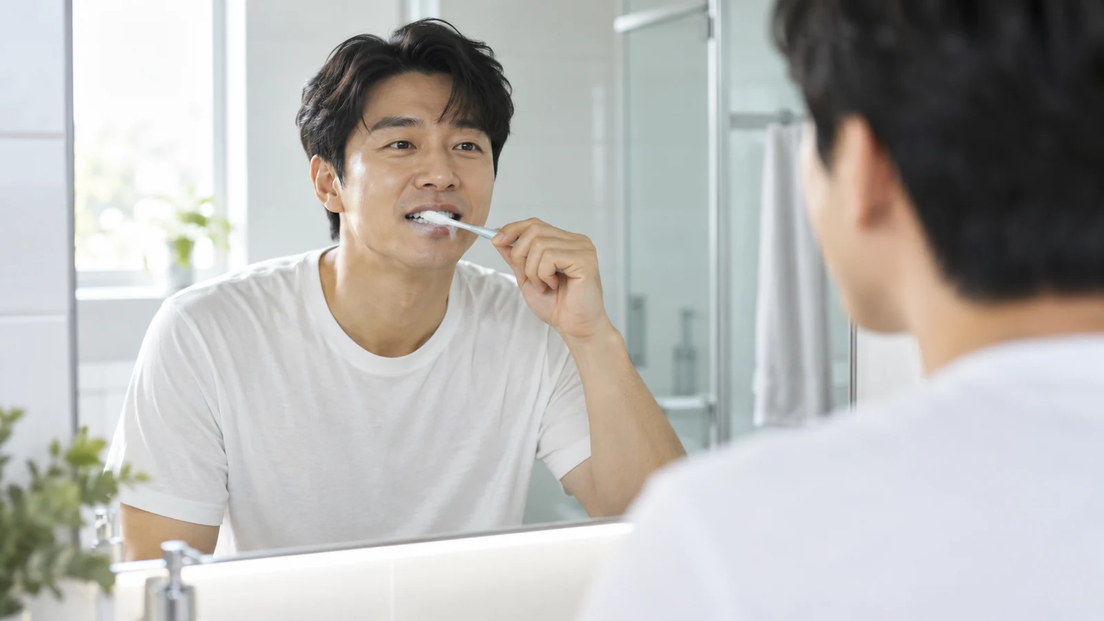 밝은 욕실 거울 앞에서 양치하는 30대 한국 남성