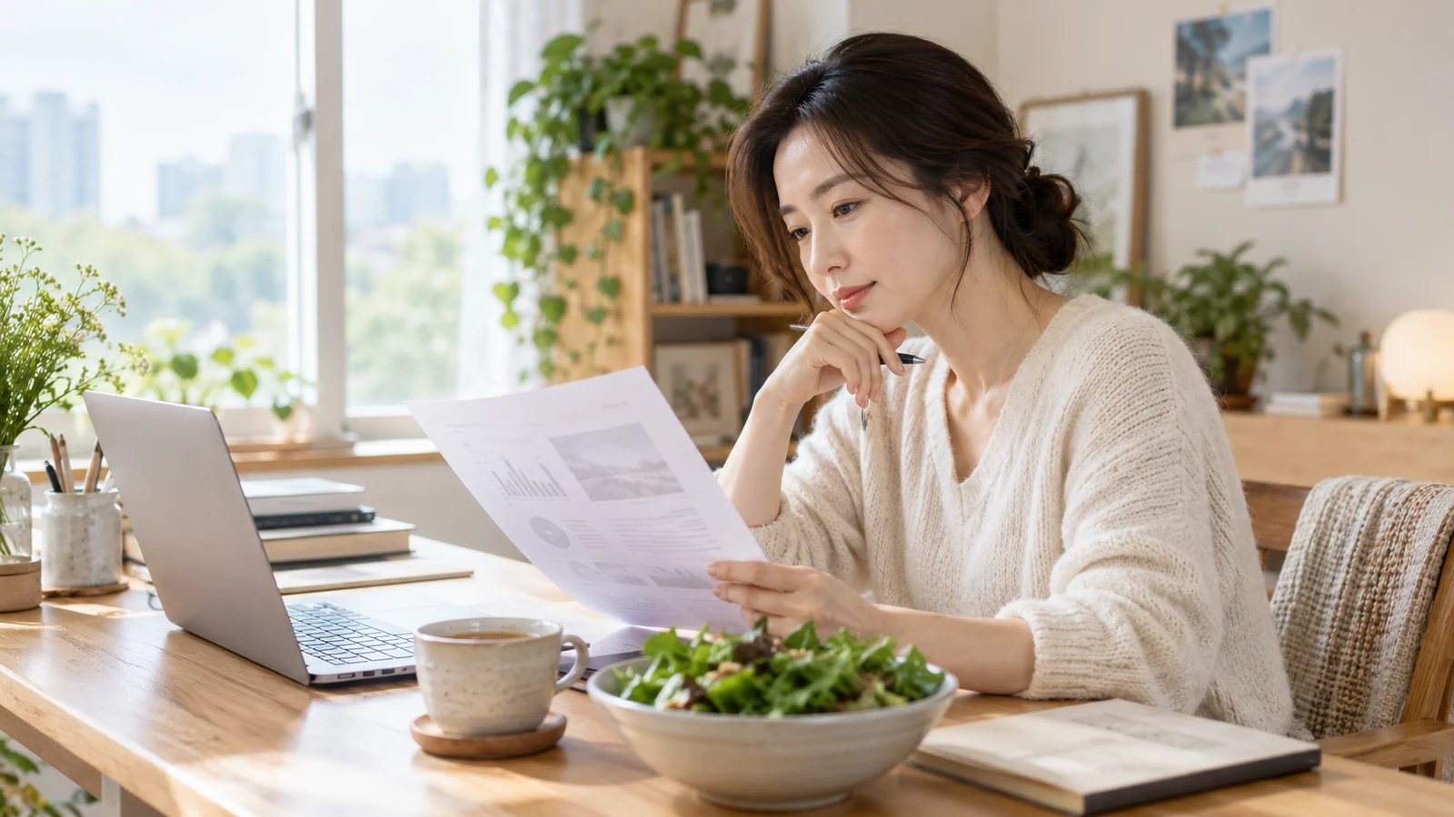 창가 책상에서 자료를 읽으며 샐러드를 곁에 둔 한국 여성