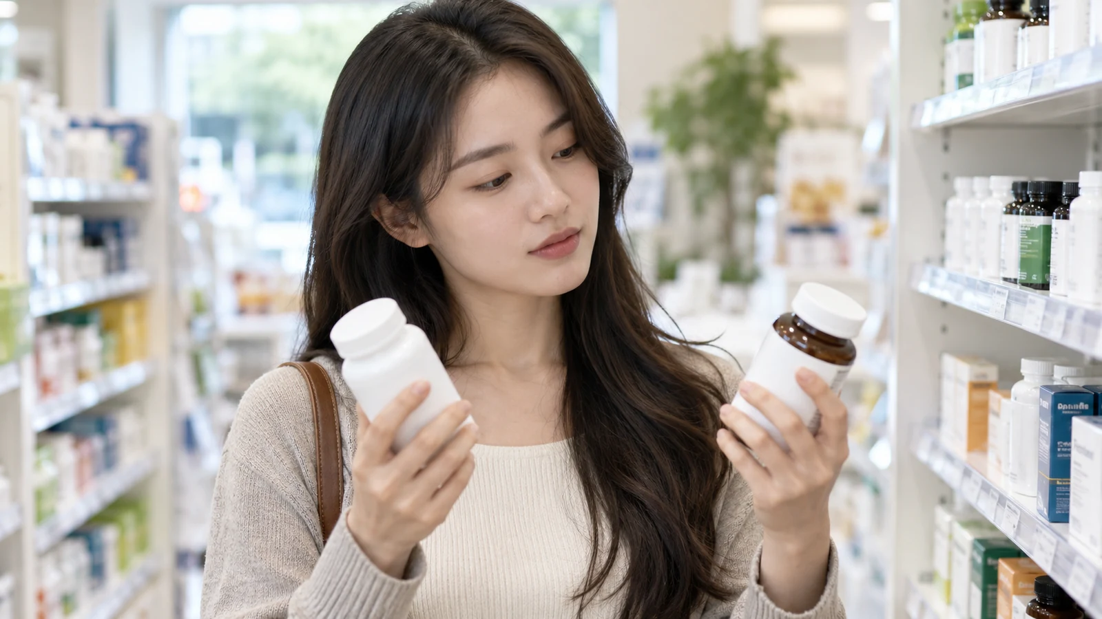 매장 진열대 앞에서 보충제 두 병의 표시사항을 비교하는 여성